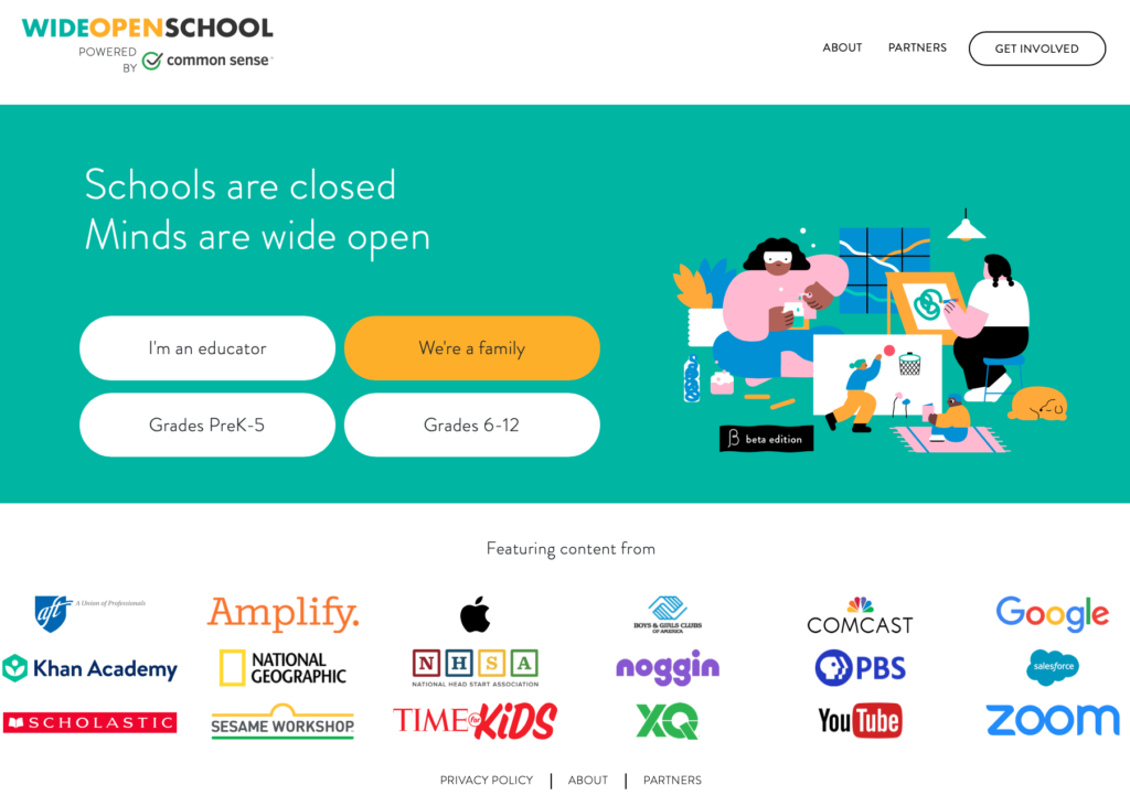 Wide Open School homepage with partners